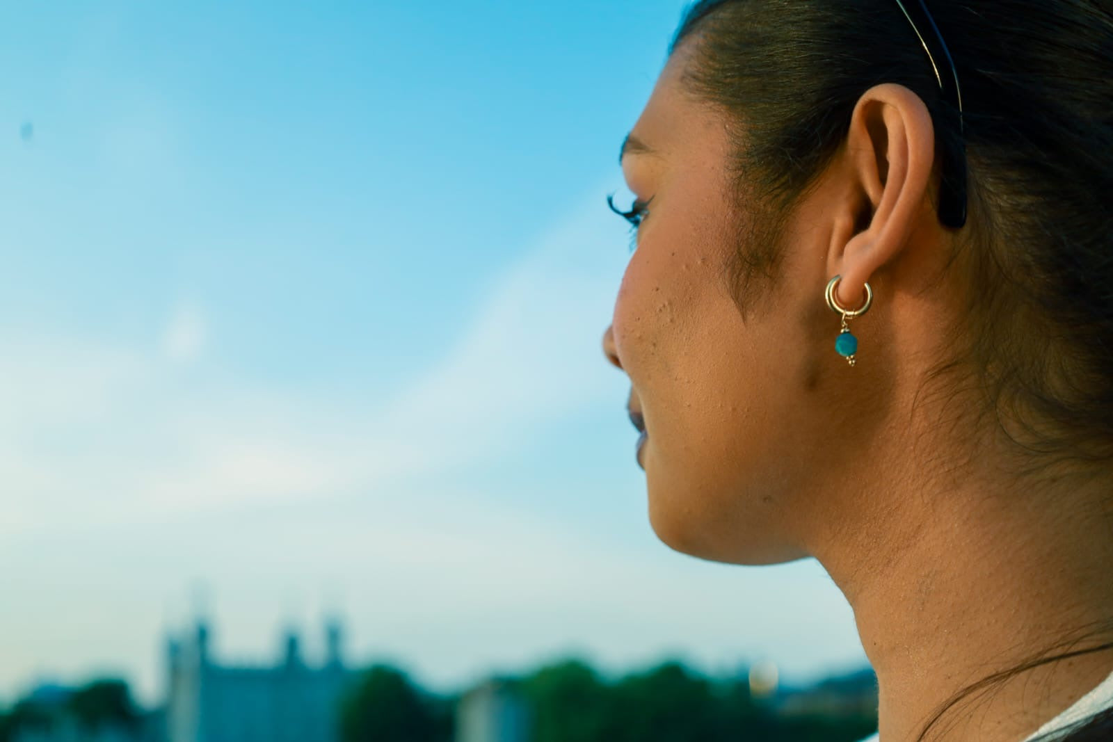 BLUE STONE HUGGIES - GOLD PLATED WITH REMOVABLE CHARM